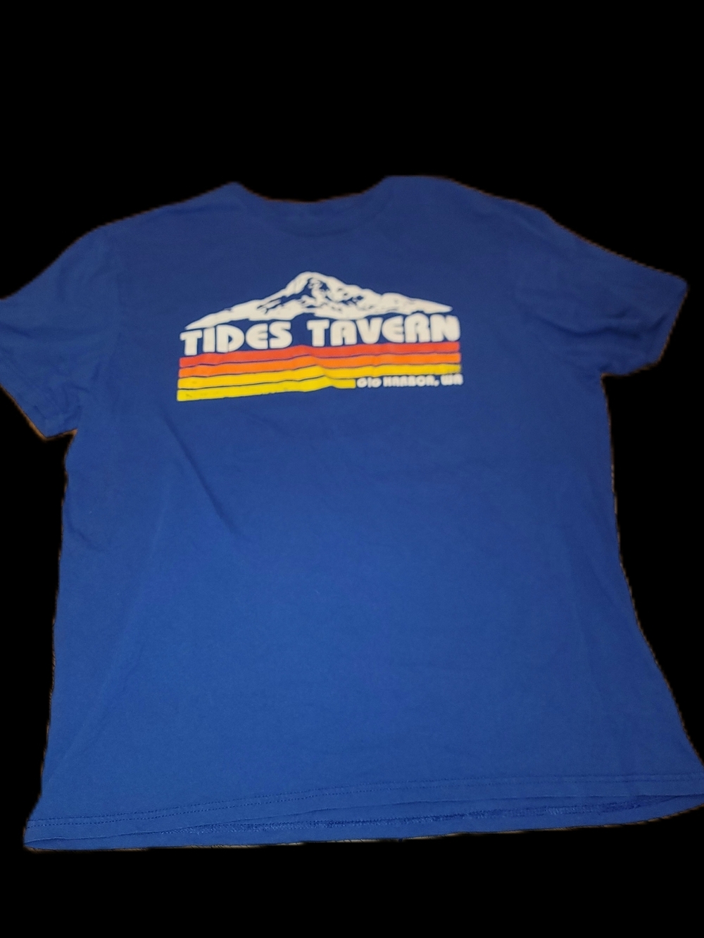 Tides Tavern Gig Harbor, WA Graphic Tee - Blue with Mountain and Sunset Stripes